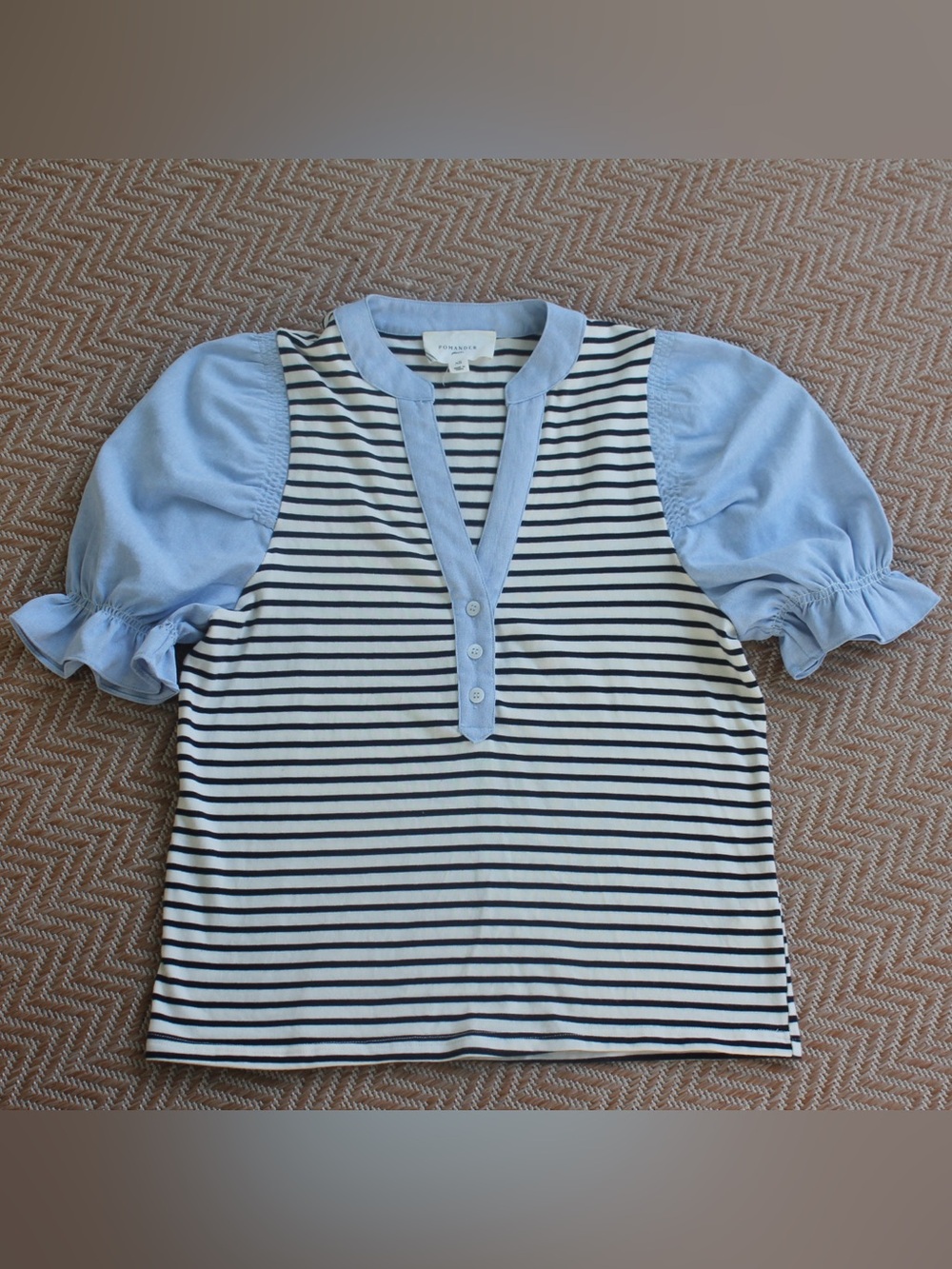 Tuckernuck Pomander Place Blue & White Striped Puff Sleeve Top XS